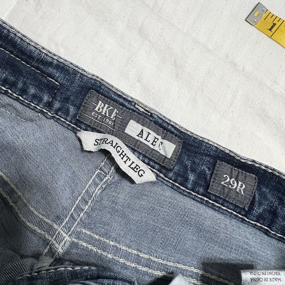 BKE Alec Jeans Men’s 29x29 Straight Leg Dark Blue Denim Thick Stitch Whiskered - Picture 6 of 11